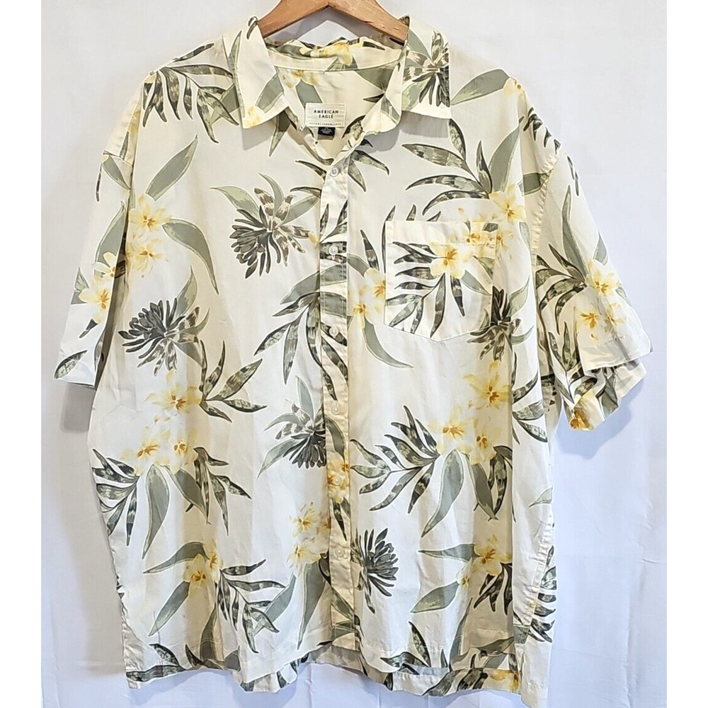American Eagle Mens Button Up Size XXL Yellow Green Floral Hawaiian Shirt Beachy